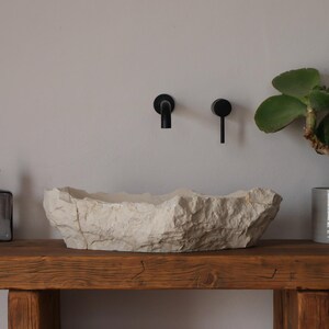 May include: A rustic bathroom vanity with a stone sink, black fixtures, and a wooden countertop. A potted plant with green leaves sits to the right. A dark glass soap dispenser is on the left.
