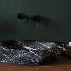 Stylish Black Marble Sink – Natural Stone with White Veining 60x45 cm