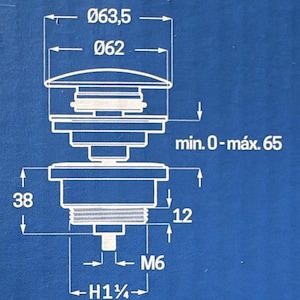 May include: Technical drawing of a plumbing fixture with dimensions in millimeters. The drawing shows a top view with a diameter of 63.5 mm and 62 mm, and a side view with a height of 38 mm and 12 mm. The text includes "min. 0-m&aacute;x. 65", "M6", and "H1&frac14;".