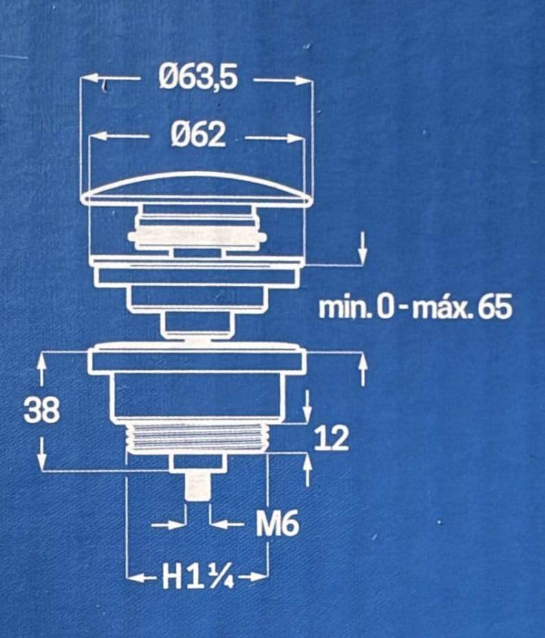 May include: Technical drawing of a plumbing fixture with dimensions in millimeters. The drawing shows a top view with a diameter of 63.5 mm and 62 mm, and a side view with a height of 38 mm and 12 mm. The text includes "min. 0-m&aacute;x. 65", "M6", and "H1&frac14;".