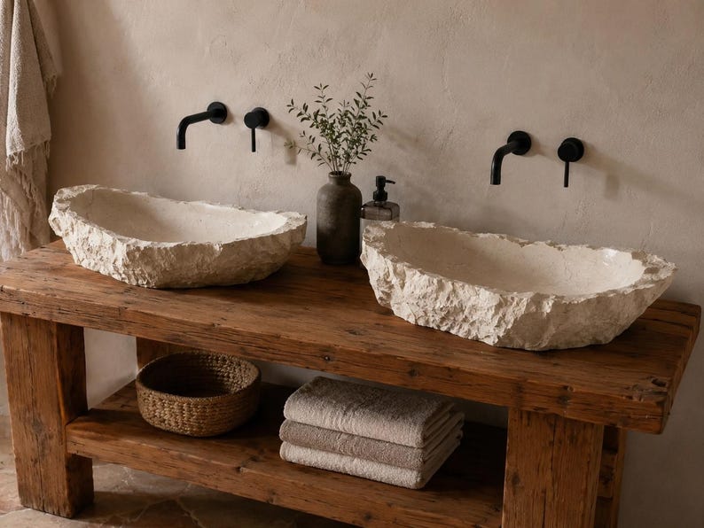 May include: Two stone-like sinks with rough edges sit atop a rustic wooden vanity. Black faucets and a small vase with greenery are mounted on the wall. A woven basket and folded towels are on the vanity shelf. The sinks are a light beige color.
