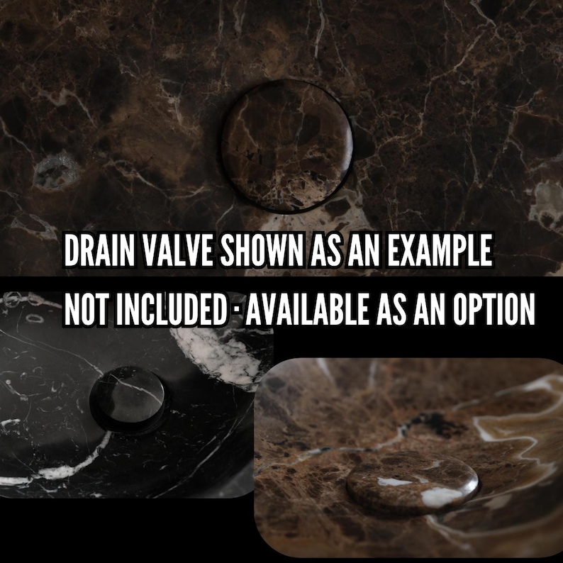 May include: Close-up of a dark brown marble surface with a circular drain valve. The text reads "DRAIN VALVE SHOWN AS AN EXAMPLE NOT INCLUDED - AVAILABLE AS AN OPTION". The drain valve is a dark brown color and appears to be made of stone.
