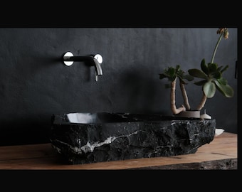 Artisan-crafted black marble sink with white stripes - eco-friendly spanish luxury bathroom decor 31,5 × 15,7″