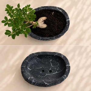 Puede incluir: Una maceta ovalada de mármol negro con vetas blancas y dos orificios de drenaje en la base. La vista superior muestra la maceta llena de tierra oscura y una pequeña planta verde con una estructura de raíz gruesa y clara en la tierra.