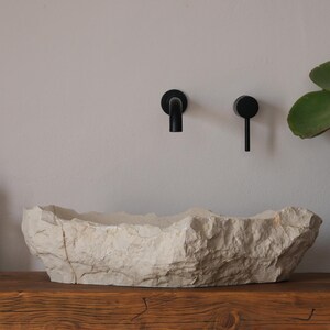 May include: A bathroom scene featuring a stone-like sink, black faucet fixtures, and a potted plant. A dark glass soap dispenser sits on a wooden shelf. The sink has a natural, textured appearance.