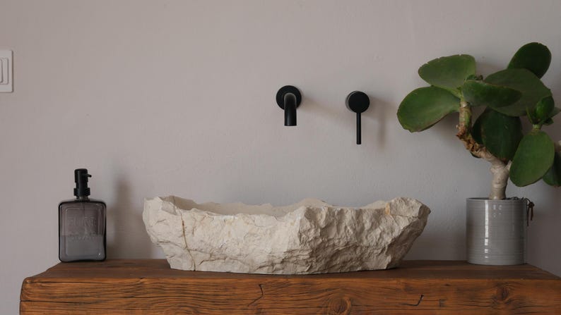 May include: A bathroom scene featuring a stone-like sink, black faucet fixtures, and a potted plant. A dark glass soap dispenser sits on a wooden shelf. The sink has a natural, textured appearance.