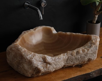 Handgefertigtes Onyx Waschbecken, Naturstein Becken mit Passender Ablaufabdeckung