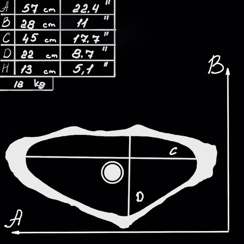 Technical sketch with precise measurements of handmade marble sink in asymmetrical oval form.