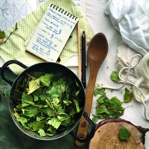 May include: A flat lay image of natural dyeing supplies. A pot filled with green birch leaves, a wooden spoon, a spool of white yarn, a small bowl of white powder, a small bowl of green powder, a notebook with handwritten notes, and a few birch leaves scattered on a white fabric background.