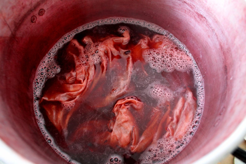 Puede incluir: Primer plano de una olla llena de l&iacute;quido rojo y tela. La tela est&aacute; sumergida en el l&iacute;quido y parece estar empap&aacute;ndose en el tinte rojo.