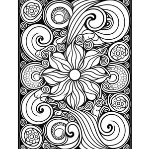May include: Black and white line art illustration of a stylized flower with swirling patterns and a decorative border.