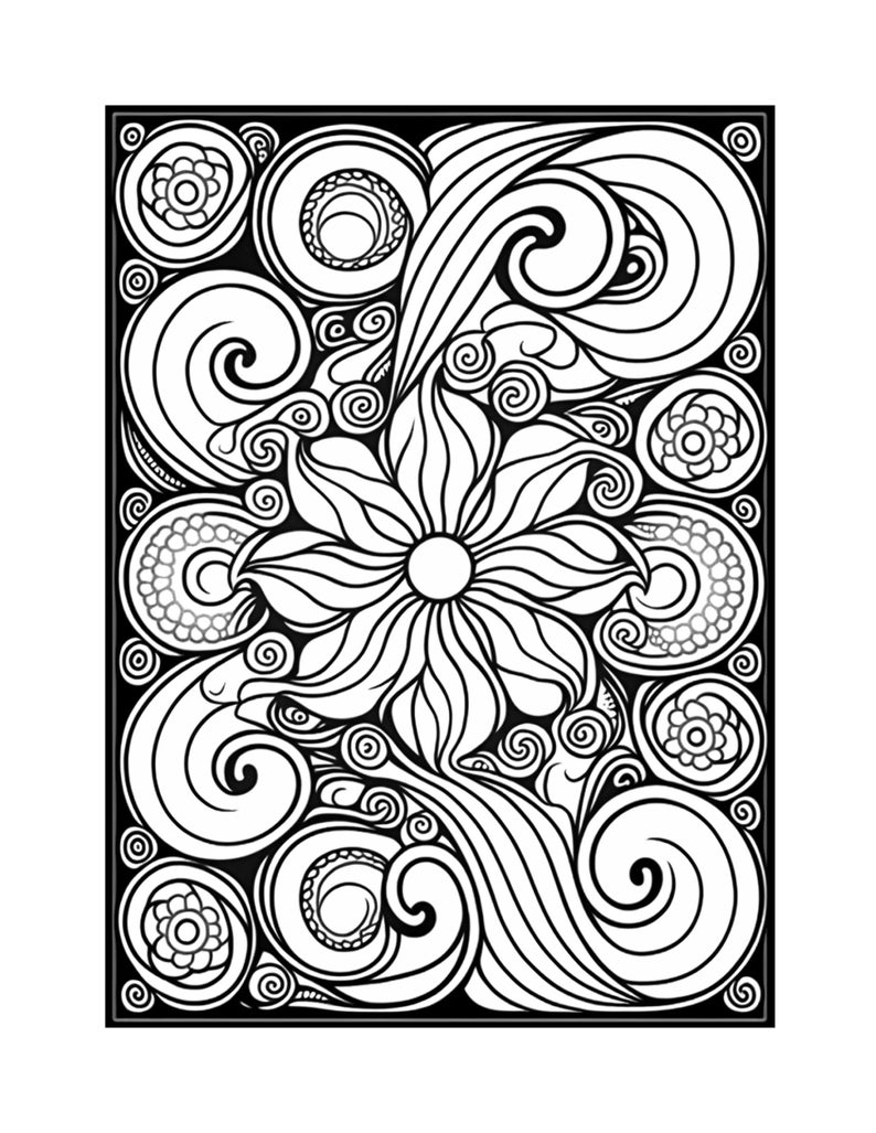 May include: Black and white line art illustration of a stylized flower with swirling patterns and a decorative border.