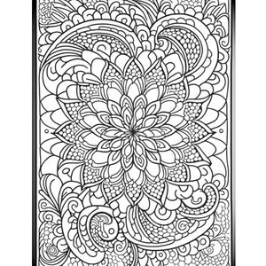 May include: Black and white intricate mandala design with floral patterns and swirls. The design is framed in a black border.
