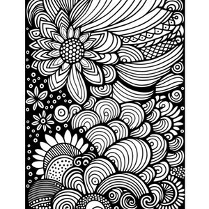 May include: Black and white intricate line art design featuring a large flower, waves, and other abstract shapes. The design is perfect for coloring or using as a template for crafts.