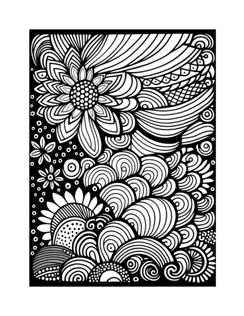 May include: Black and white intricate line art design featuring a large flower, waves, and other abstract shapes. The design is perfect for coloring or using as a template for crafts.