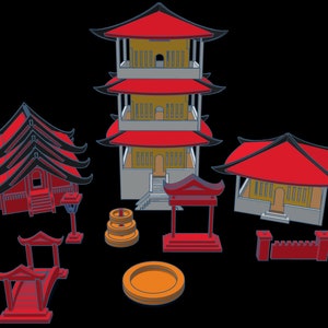 May include: A set of red and yellow miniature Asian-style buildings, including a pagoda, a temple, a bridge, and a wall. The set also includes a fountain and a decorative bowl.