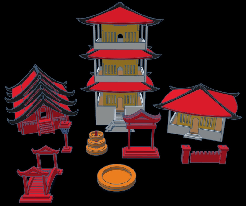 May include: A set of red and yellow miniature Asian-style buildings, including a pagoda, a temple, a bridge, and a wall. The set also includes a fountain and a decorative bowl.