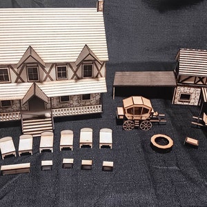Miniaturas de pousada/taverna em escala de 28 mm e fazenda medieval estável cortadas a laser para D&D, jogos de mesa e planos de modelo Download digital SVG