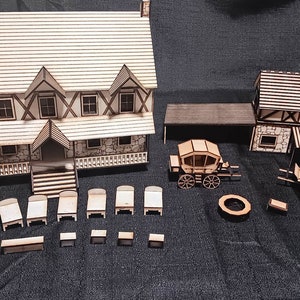 28mm Scale Inn/Tavern and Stable Medieval Farm Laser Cut Miniatures for D&D, Tabletop Games, and Model Plans SVG Digital Download