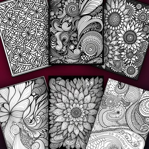May include: Six black and white coloring pages featuring intricate floral designs. The designs include swirls, flowers, and geometric patterns.