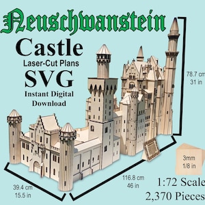 Puede incluir: Un modelo cortado con láser del castillo de Neuschwanstein, un diseño arquitectónico detallado. El modelo está hecho de madera de color claro e incluye el texto "Neuschwanstein Castle, Laser-Cut Plans, SVG, Instant Digital Download." El modelo mide 78,7 cm de alto y 116,8 cm de ancho.