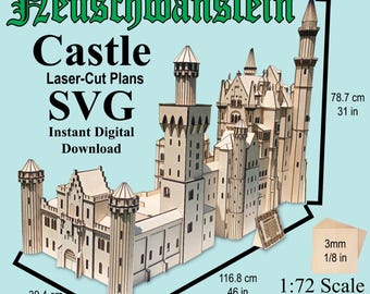 May include: A laser-cut model of Neuschwanstein Castle, a detailed architectural design. The model is made of light-colored wood and includes the text "Neuschwanstein Castle, Laser-Cut Plans, SVG, Instant Digital Download." The model measures 31 inches tall and 46 inches wide.