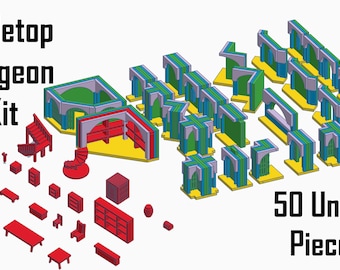 May include: A tabletop dungeon kit with 50 unique pieces. The kit includes a variety of walls, doors, stairs, and furniture in a red, green, blue, and yellow color scheme.