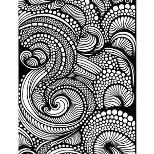 May include: Black and white abstract illustration with swirling patterns and dots. The design features a variety of shapes and textures, creating a complex and intricate visual.