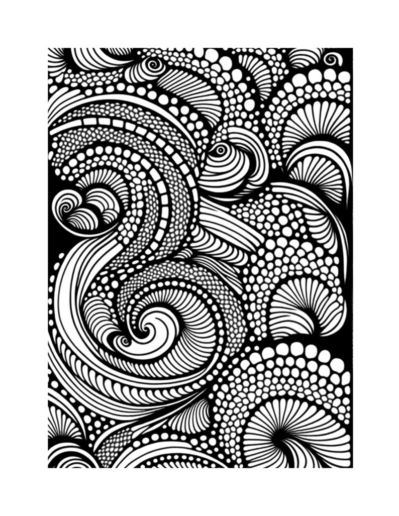 May include: Black and white abstract illustration with swirling patterns and dots. The design features a variety of shapes and textures, creating a complex and intricate visual.