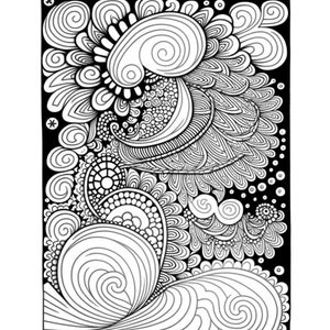 May include: Black and white intricate line art design with swirling patterns and abstract shapes. The design features a variety of organic shapes and textures, creating a complex and visually interesting composition.