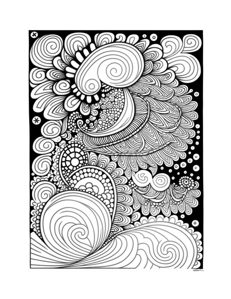 May include: Black and white intricate line art design with swirling patterns and abstract shapes. The design features a variety of organic shapes and textures, creating a complex and visually interesting composition.