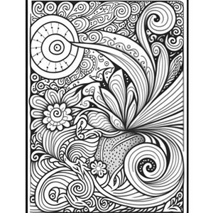 May include: A black and white intricate line drawing of a floral design with swirls and circles. The design is reminiscent of a mandala or a paisley pattern.