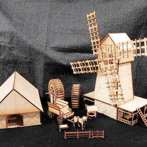 28 mm Skala Stodoła, Wiatrak i Koło Średniowiecznej Farmy Laserowo Wycinane Miniatury do D&D, Gier Planszowych i Planów Modeli SVG Pobieranie Cyfrowe