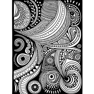 May include: Black and white intricate design with swirling patterns, dots, and lines. The design is reminiscent of a mandala or paisley pattern.