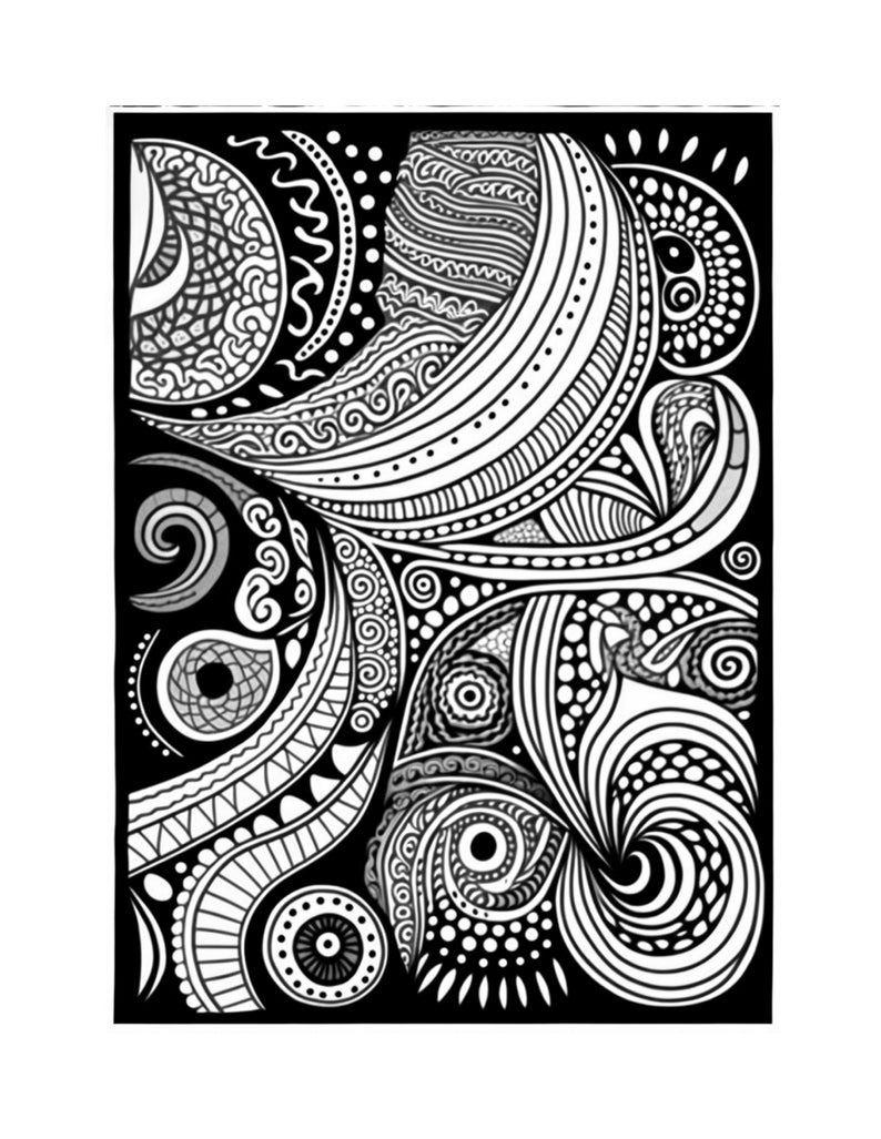 May include: Black and white intricate design with swirling patterns, dots, and lines. The design is reminiscent of a mandala or paisley pattern.