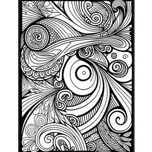 May include: Black and white abstract illustration with intricate swirling patterns and lines. The design features a variety of shapes, including circles, spirals, and waves.