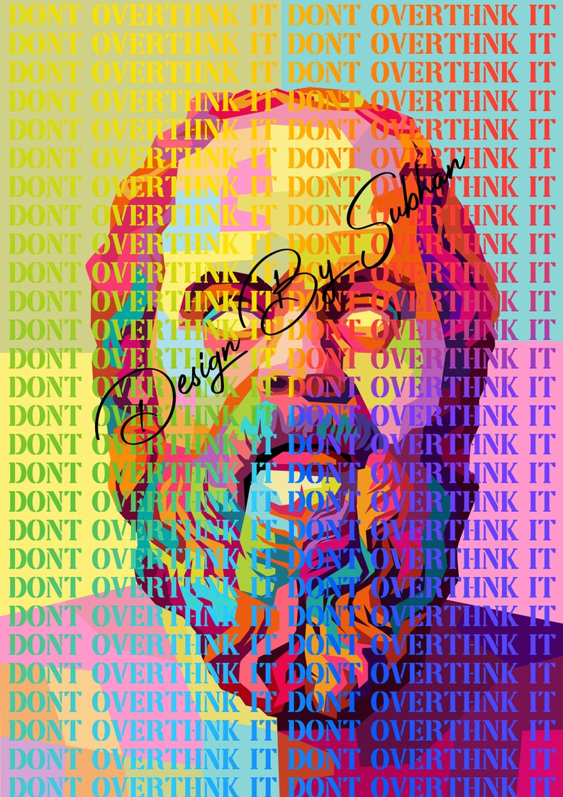 Może przedstawiać: Kolorowy portret osoby z powtarzającym się w geometrycznym wzorze napisem "Nie przesadzaj". Napis jest w kolorze niebieskim, ż&oacute;łtym, zielonym, r&oacute;żowym, czerwonym i pomarańczowym.