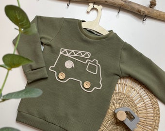 Long-sleeved shirt, individual, fire brigade, vehicles, cord appliqué, cord children's shirt, personalized, baby shirt, top, up to size 122