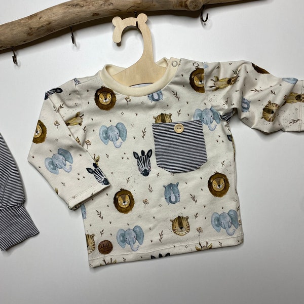 Langarmshirt, Babyshirt, Beige, Tiere mit Tasche