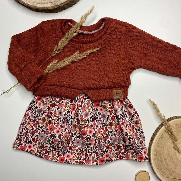 Girlysweater orange, Kleid Mädchen, Kleid, Blumenmuster, Outfit Mädchen