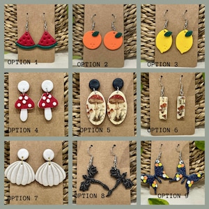 Boucles d&#39;oreilles faites main en pâte polymère, fruits, champignons, pendentifs nature et animaux, bijoux bohèmes légers