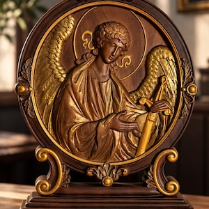 May include: A circular wooden wall plaque featuring a relief carving of an angel with large wings, holding a sword. The figure is finished in a warm brown tone with gold accents on the wings, sword, halo, and the ornate frame base.