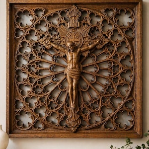 May include: A wooden wall art piece depicting the crucifixion of Jesus Christ. The artwork is framed within a square, with a detailed, openwork background. The central figure is brown, with the letters INRI above the head.