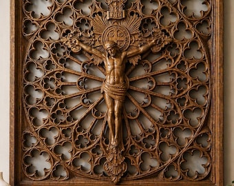 Large Wooden Crucifix Wall Art, Hand Carved Oak Jesus Cross, Catholic Wall Decor, Gothic Style Relief, Religious Home Decor