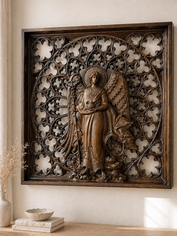 Archangel Raphael Healing Wall Art, Guardian Angel Protection Decor, Christian Wood Carving, Catholic Home Blessing Gift