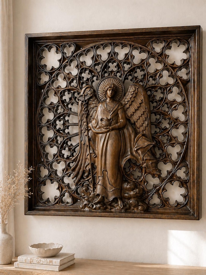 May include: A wooden wall art piece featuring a carved angel figure within a decorative frame. The angel holds a chalice and staff, set against a detailed, openwork background. The artwork is finished in a warm brown tone.