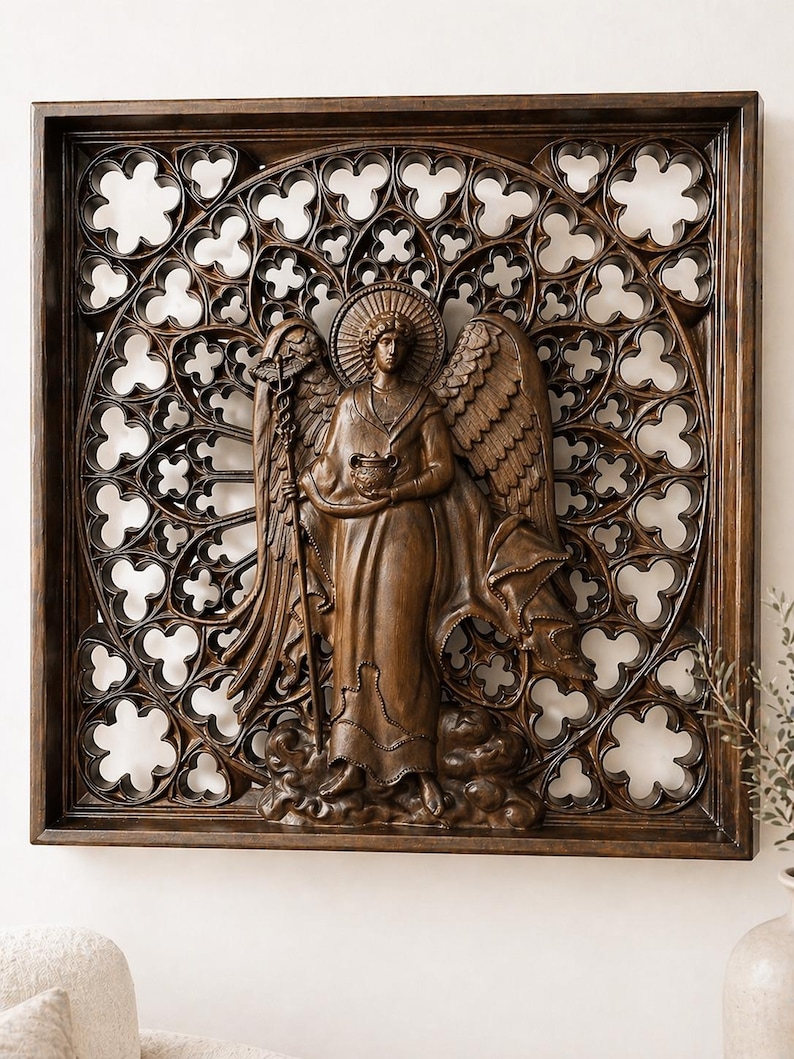 May include: A dark brown wooden wall art piece featuring a carved angel figure with wings, a halo, and a staff. The angel is set against an openwork background with a repeating floral pattern, all within a rectangular frame. The artwork is a decorative piece.