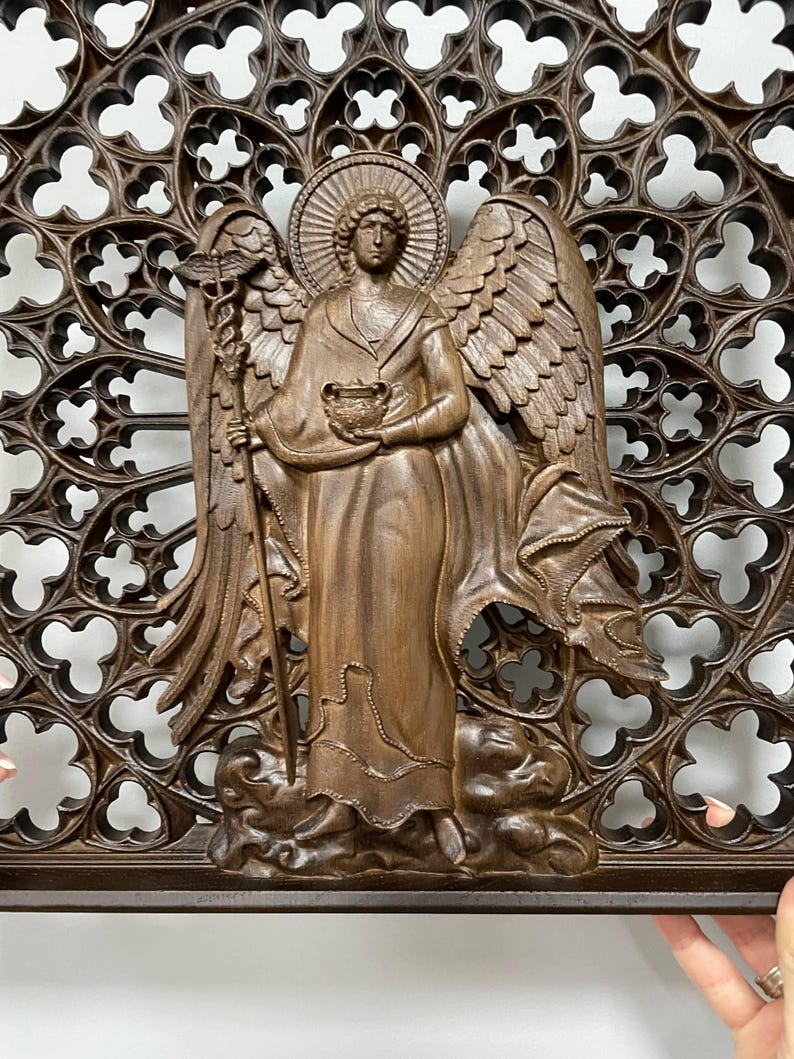 Archangel Raphael Healing Wall Art, Guardian Angel Protection Decor, Christian Wood Carving, Catholic Home Blessing Gift image 7