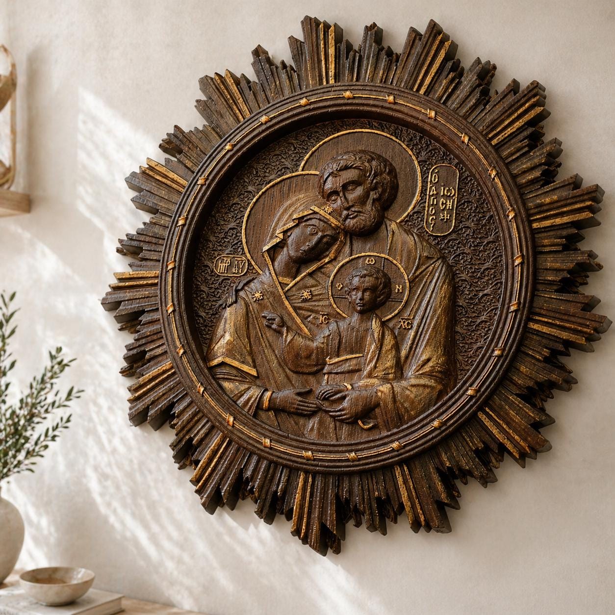 Holy Family Wall Art - Hand Carved Wood Icon, Wedding Gift for Couple, Housewarming Gift, Christian Family Blessing Decor