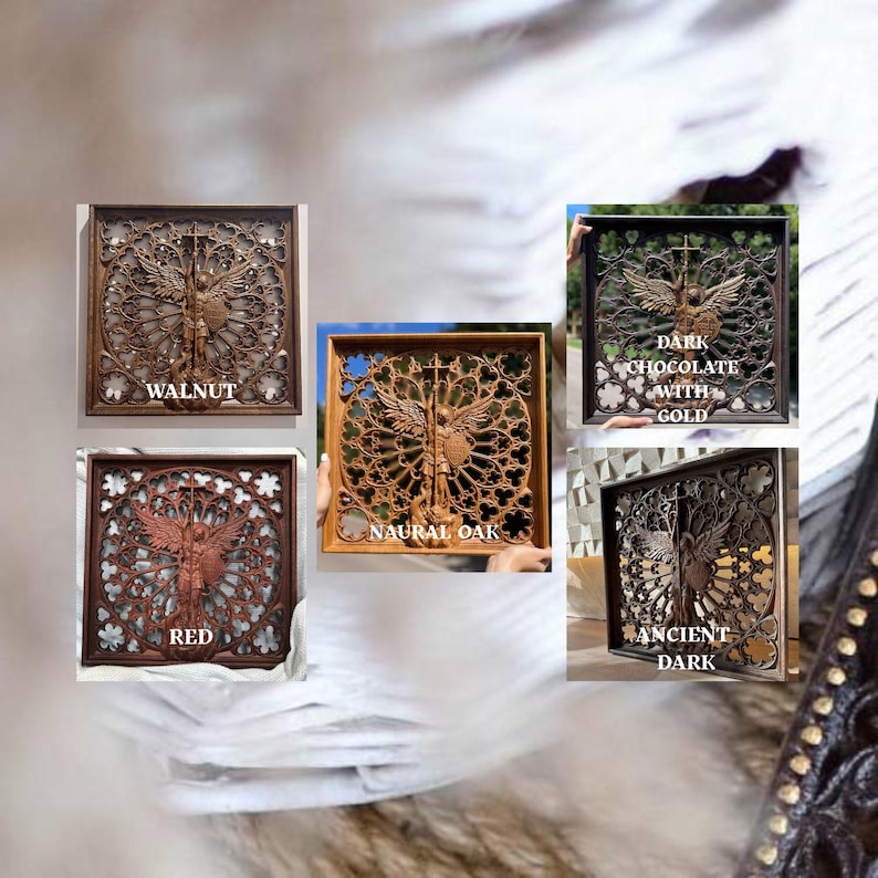 May include: A collection of intricately carved wooden wall art pieces in various colors, including walnut, red, natural oak, dark chocolate with gold, and ancient dark. Each piece features a central angel design within a decorative frame. The text labels each color.